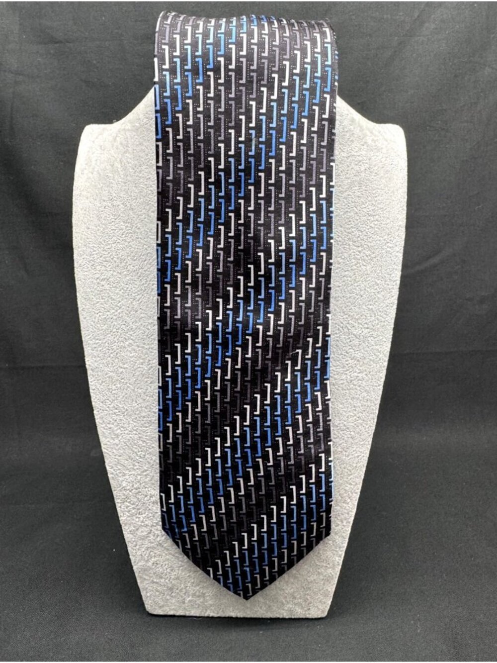 Boca Classics 100% Silk Tie Black Blue Gray Geometric Classic Width Necktie